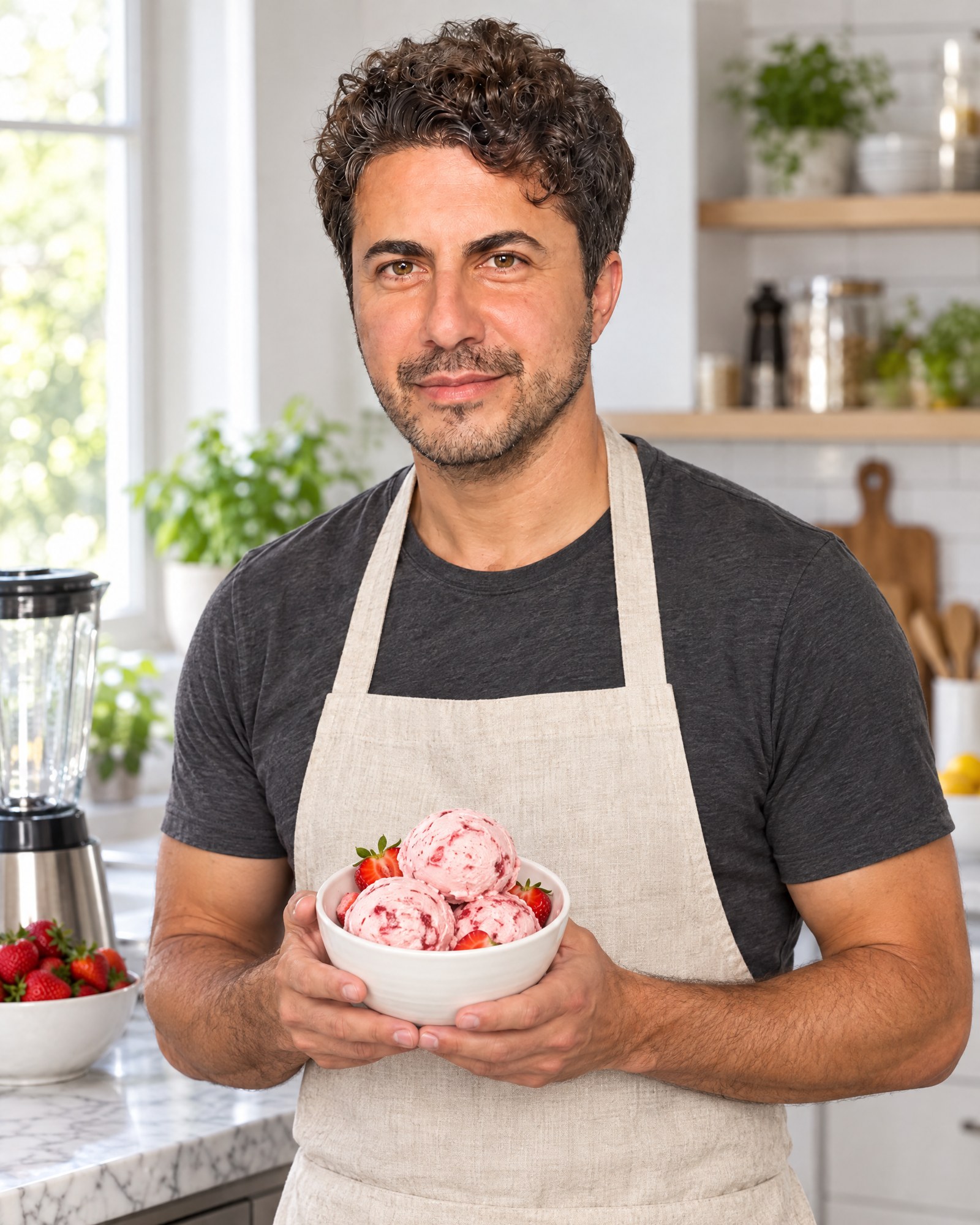 Bardi in his kitchen, holding a bowl of strawberry ice cream